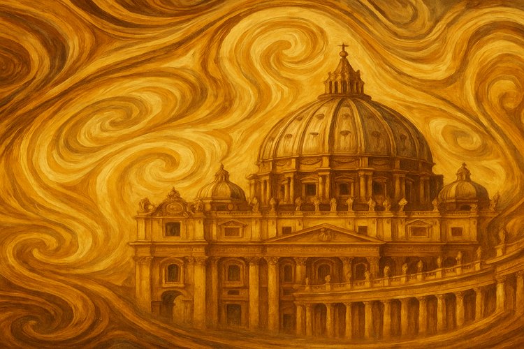 Ilustración abstracta inspirada en la Basílica de San Pedro del Vaticano, con patrones ondulados dorados y siluetas de la cúpula.