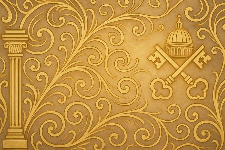 El Vaticano visita - ilustración abstracta Ilustración abstracta inspirada en el Vaticano, con patrones ornamentales y tonos dorados que evocan la arquitectura y el arte del Estado Vaticano.
