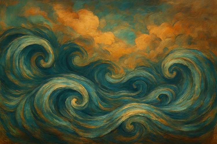 Diluvio Universal imaginario Ilustración abstracta de olas tormentosas y nubes en tonos verdosos y dorados inspirada en el Diluvio Universal y la Capilla Sixtina.