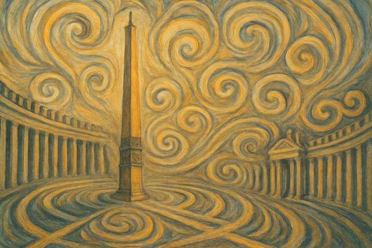 Ilustración abstracta inspirada en la Plaza de San Pedro en el Vaticano, con formas circulares y colores cálidos que evocan las columnas de la plaza y el obelisco central.