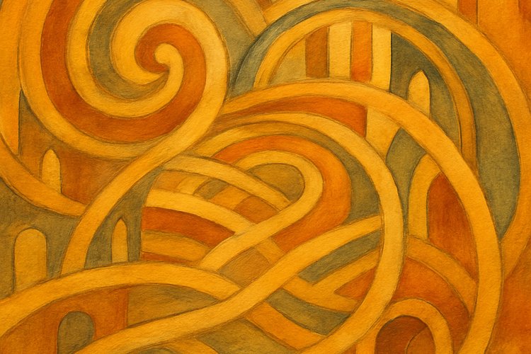 Ilustración abstracta con caminos entrelazados en tonos ocres y dorados, evocando los pasillos y arcos de la Capilla Sixtina y del Vaticano.
